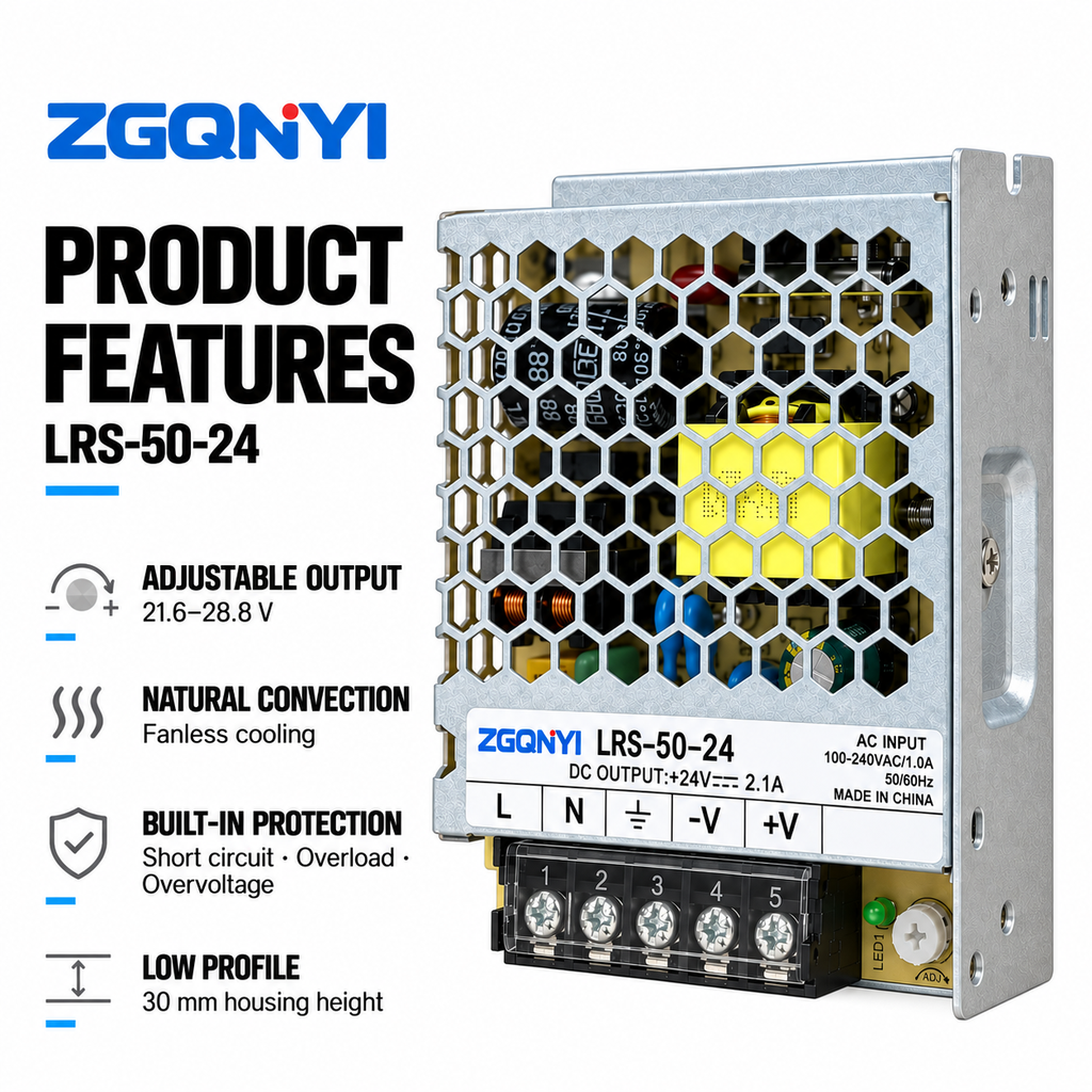 ZGQNYI LRS-50-24 24V Compact Switching Power Supply Single Output AC DC Industrial SMPS for Automated Sorting Conveyor Controls