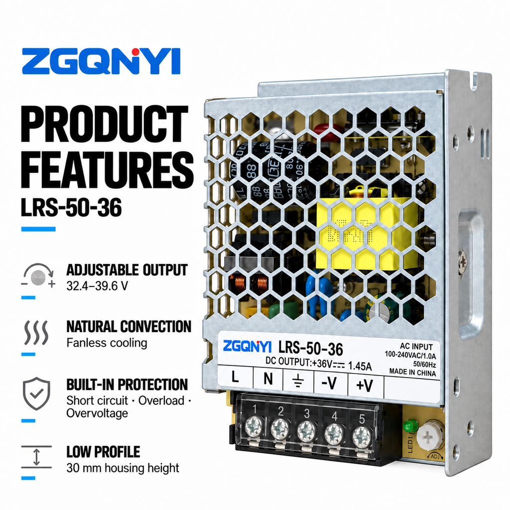 ZGQNYI LRS-50-36 Industrial Switching PSU 36V Compact Enclosed AC to DC Power Supply for Building Controls Electronic Equipment