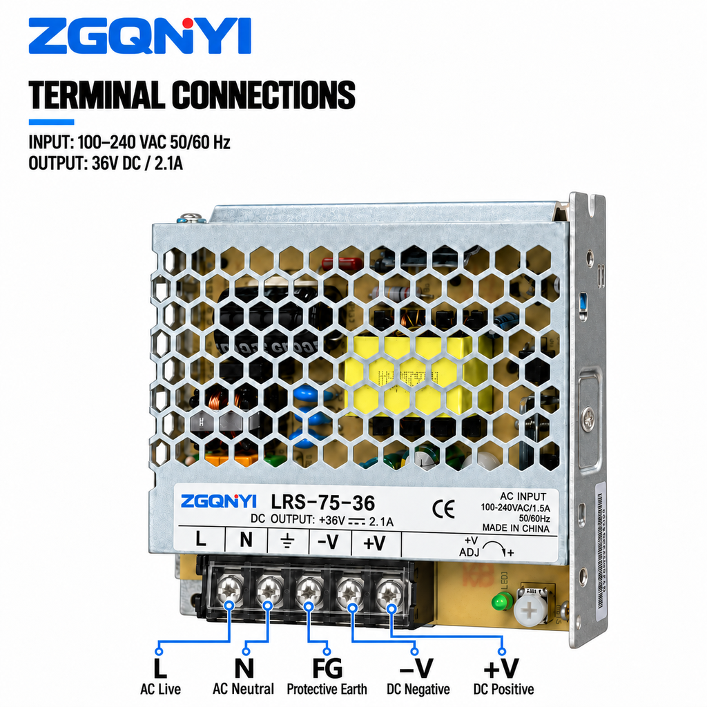 ZGQNYI LRS-75-36 Industrial Switching PSU 36V Enclosed AC DC Power Supply Single Output for Instrumentation Electronic Equipment