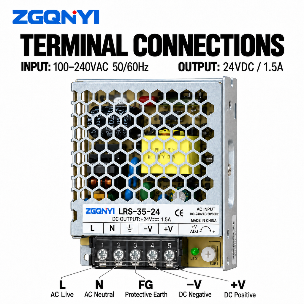 ZGQNYI LRS-35-24 24VDC Compact Enclosed Switching Power Supply Industrial AC DC SMPS for PLC Control Panels Building Automation