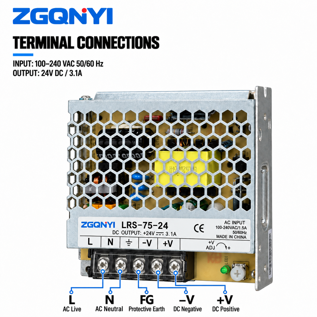ZGQNYI Industrial 24V Power Supply LRS-75-24 Single Output AC to DC Converter for Building Automation Packaging Machine Controls