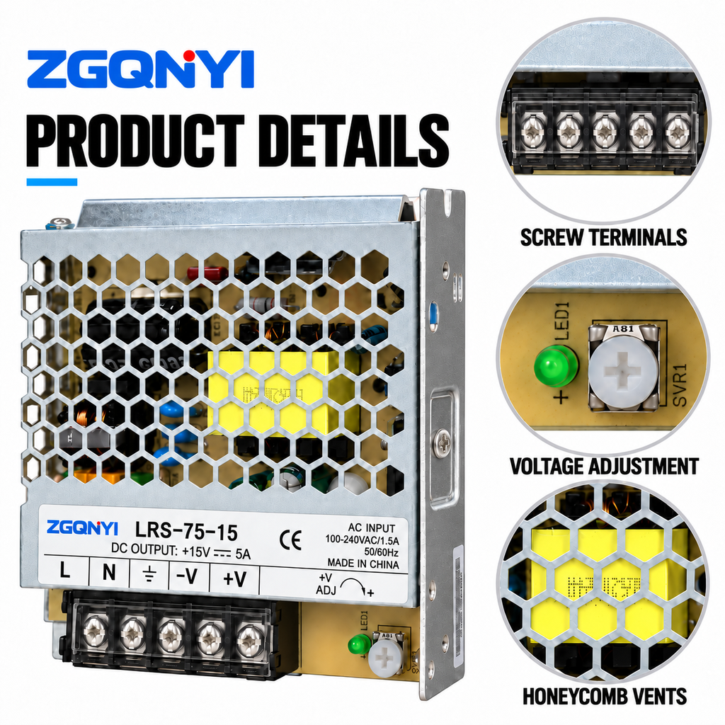 ZGQNYI LRS-75-15 Industrial Switching PSU 15V Enclosed AC DC Power Supply Single Output for Machine Controls Electrical Panels
