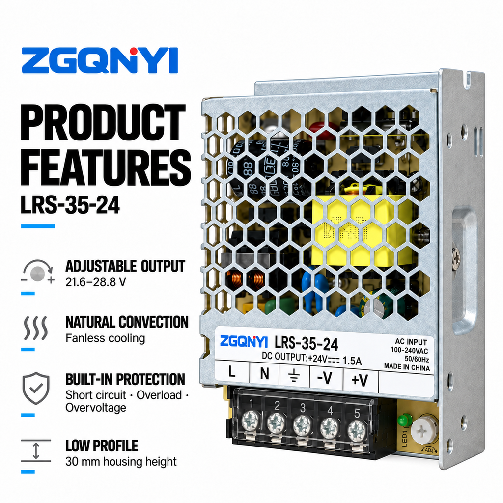 ZGQNYI LRS-35-24 24VDC Compact Enclosed Switching Power Supply Industrial AC DC SMPS for PLC Control Panels Building Automation