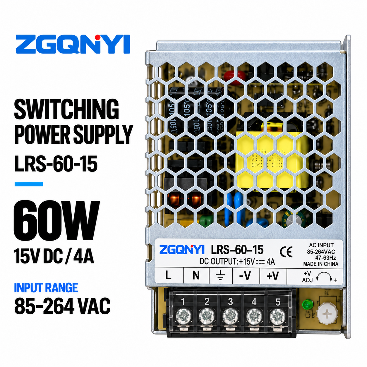 ZGQNYI LRS-60-15 Industrial Switching PSU 15VDC Compact AC DC Power Supply Single Output for Sensor Arrays Monitoring Equipment