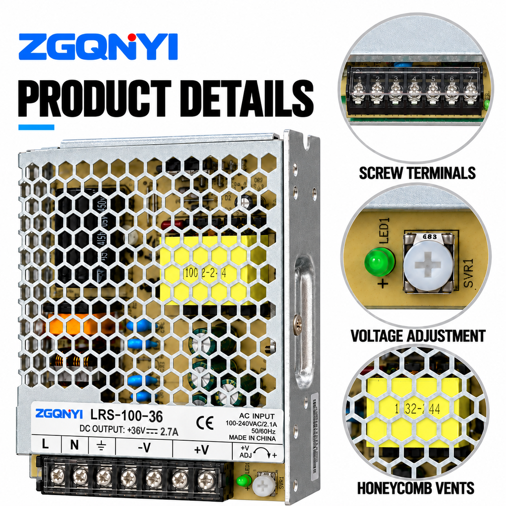 ZGQNYI LRS-100-36 36V 100W Switching Power Supply AC DC Converter Industrial PSU for Motor Controllers Automation Equipment