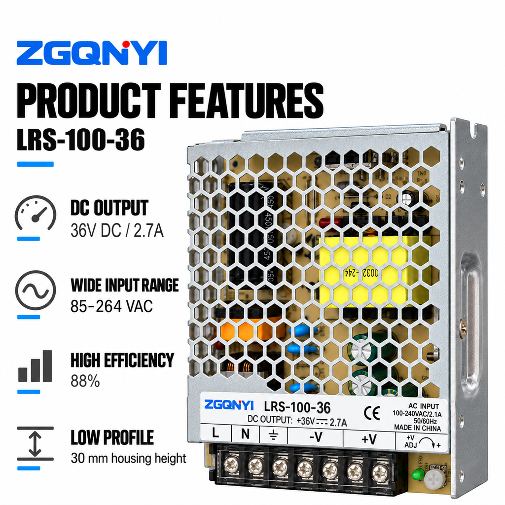 ZGQNYI LRS-100-36 36V 100W Switching Power Supply AC DC Converter Industrial PSU for Motor Controllers Automation Equipment