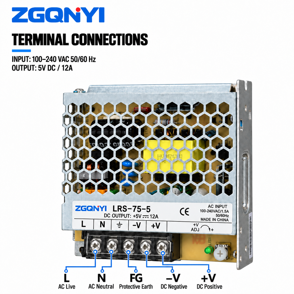 ZGQNYI LRS-75-5 5VDC Constant Voltage LED Driver Single Output Switching Power Supply AC DC SMPS for LED Displays Digital Signs