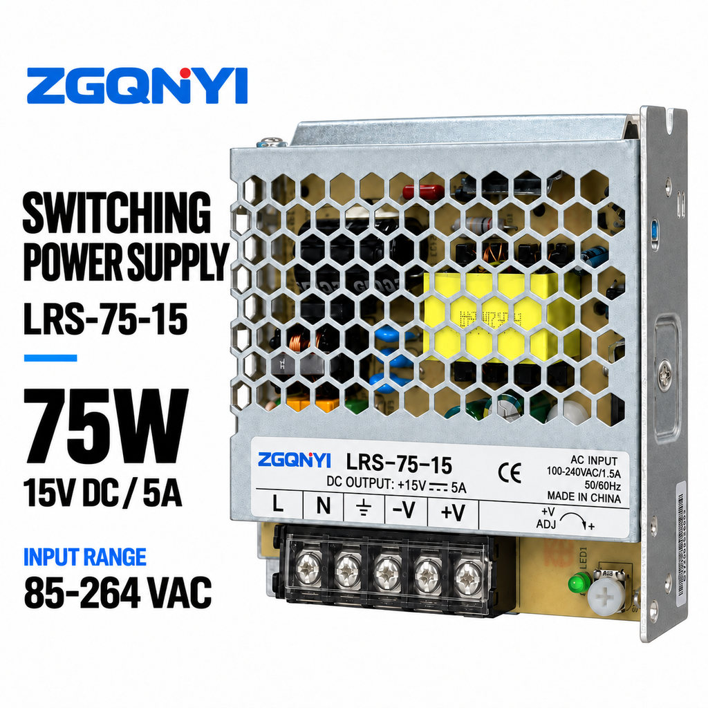 ZGQNYI LRS-75-15 Industrial Switching PSU 15V Enclosed AC DC Power Supply Single Output for Machine Controls Electrical Panels