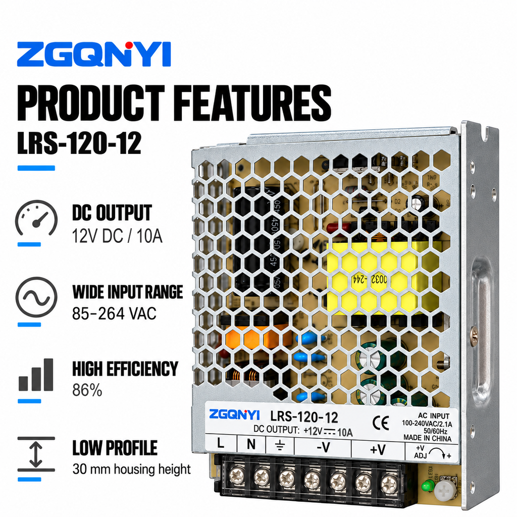 ZGQNYI LRS-120-12 12V 120W Industrial Switching Power Supply SMPS AC DC PSU for Security Cameras Access Control Equipment