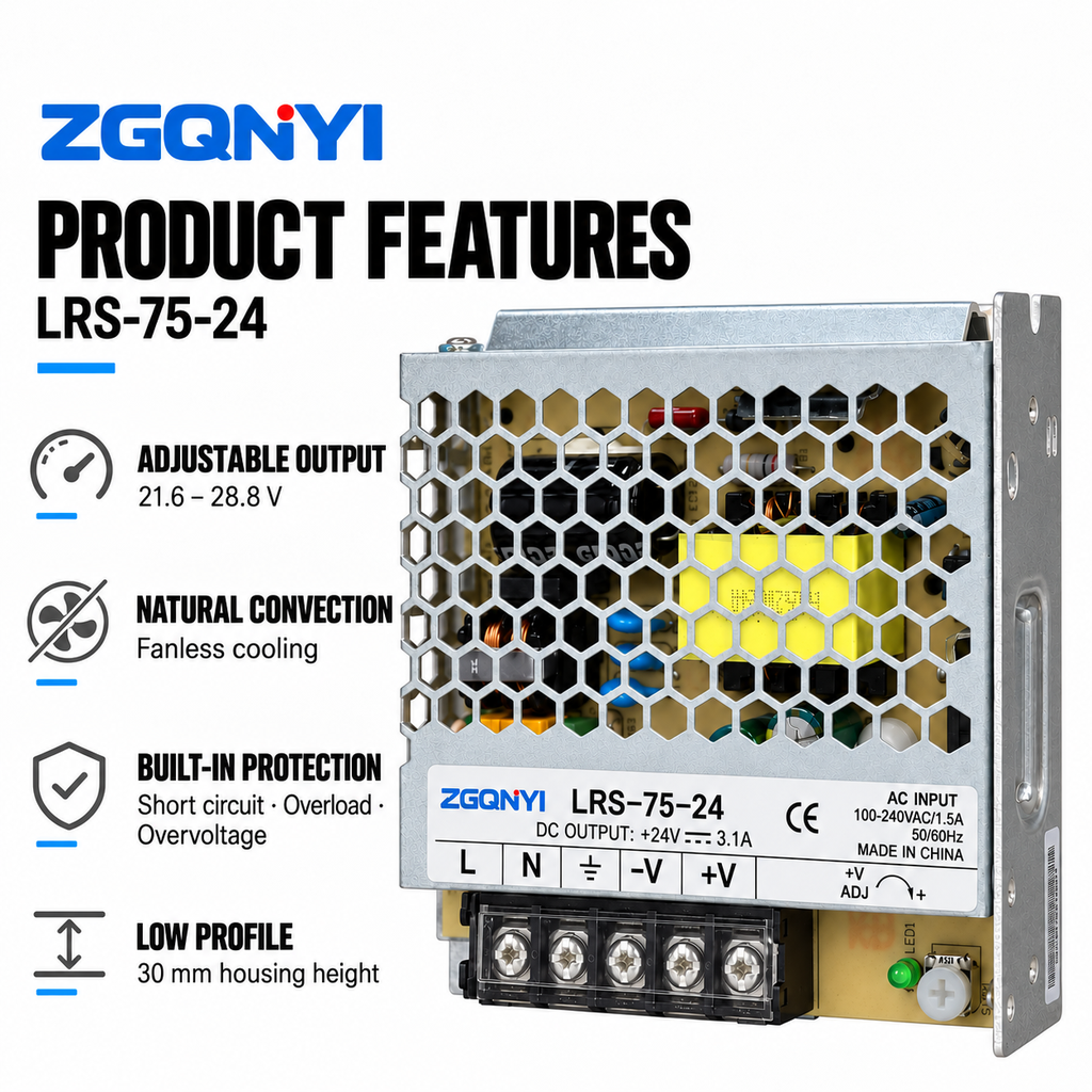 ZGQNYI Industrial 24V Power Supply LRS-75-24 Single Output AC to DC Converter for Building Automation Packaging Machine Controls