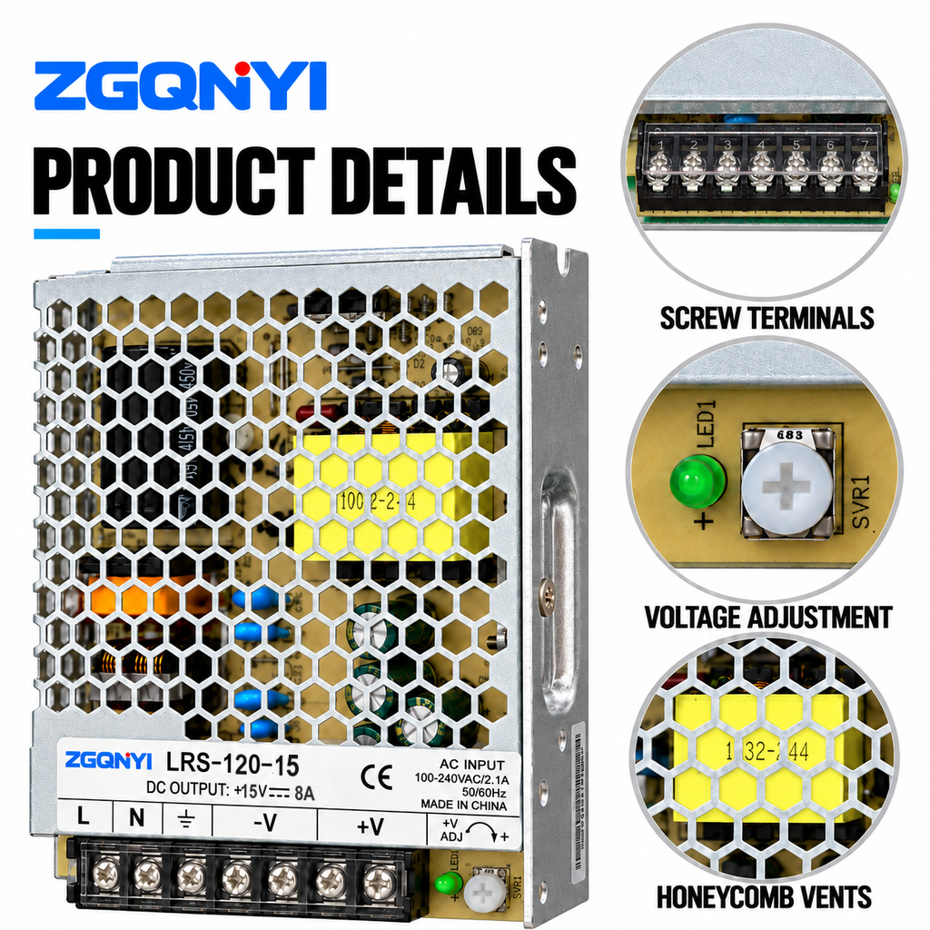 ZGQNYI LRS-120-15 120W 15V AC to DC Switching Power Supply Industrial SMPS Single Output for Instrumentation Control Cabinets